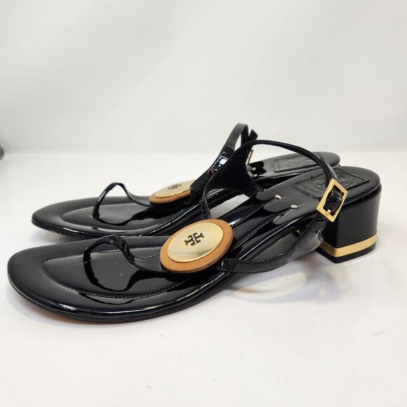 Tory Burch Black Patent Leather T Strap Thong Heel Sandal Women Size 10.5 M Shoe - Picture 5 of 10
